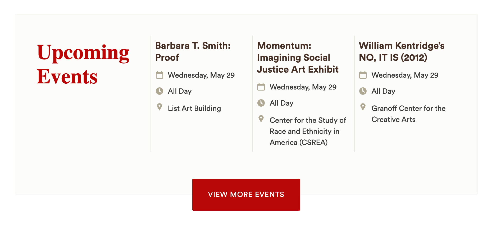 a screenshot of an events display showing 3 events in a horizontal presentation