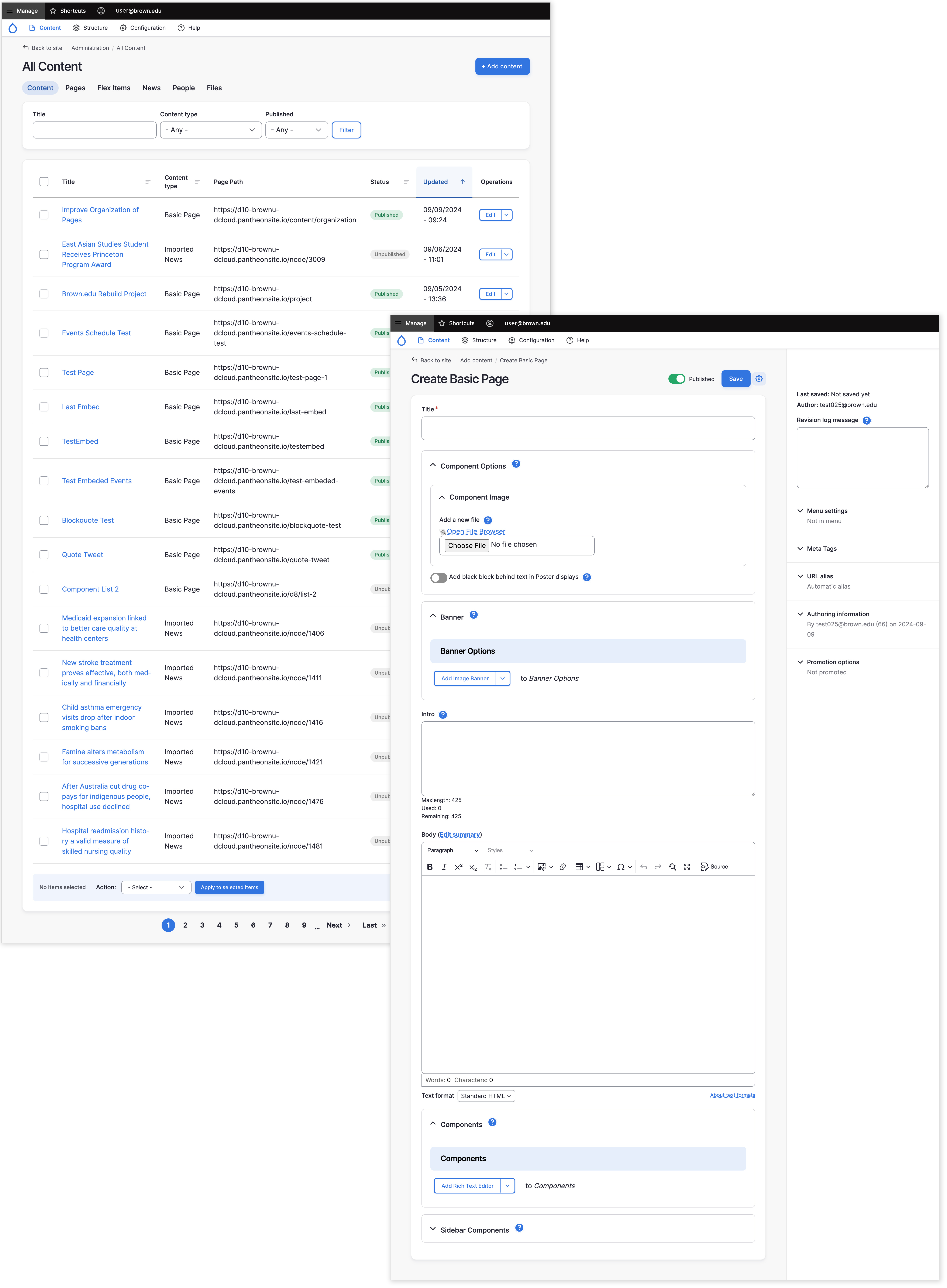 screenshots of new Drupal admin pages