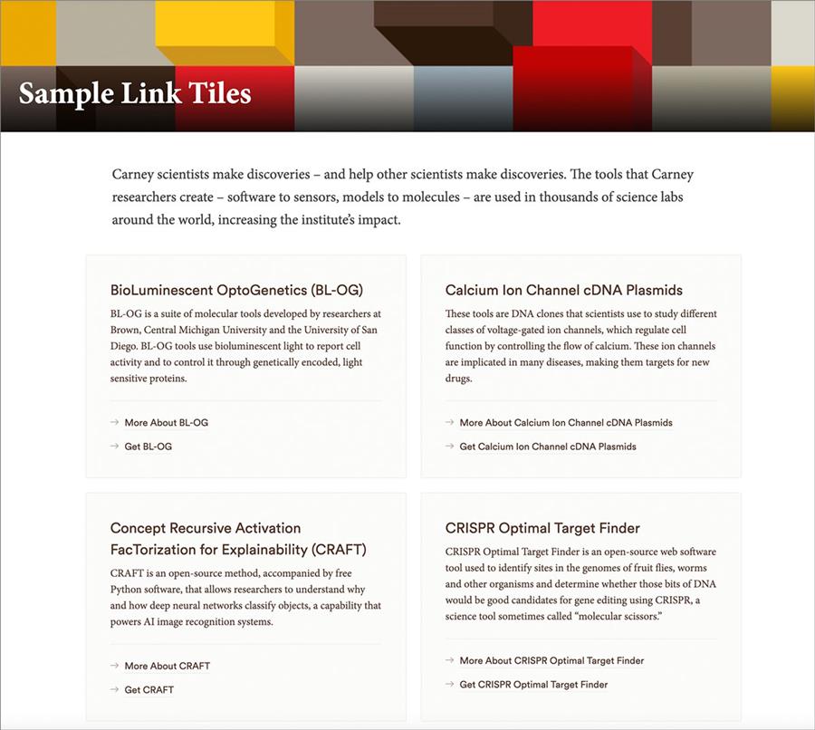 visual example of the new component for Link Tiles displaying a four by four grid of content including titles, a paragraph of text, and two links for each